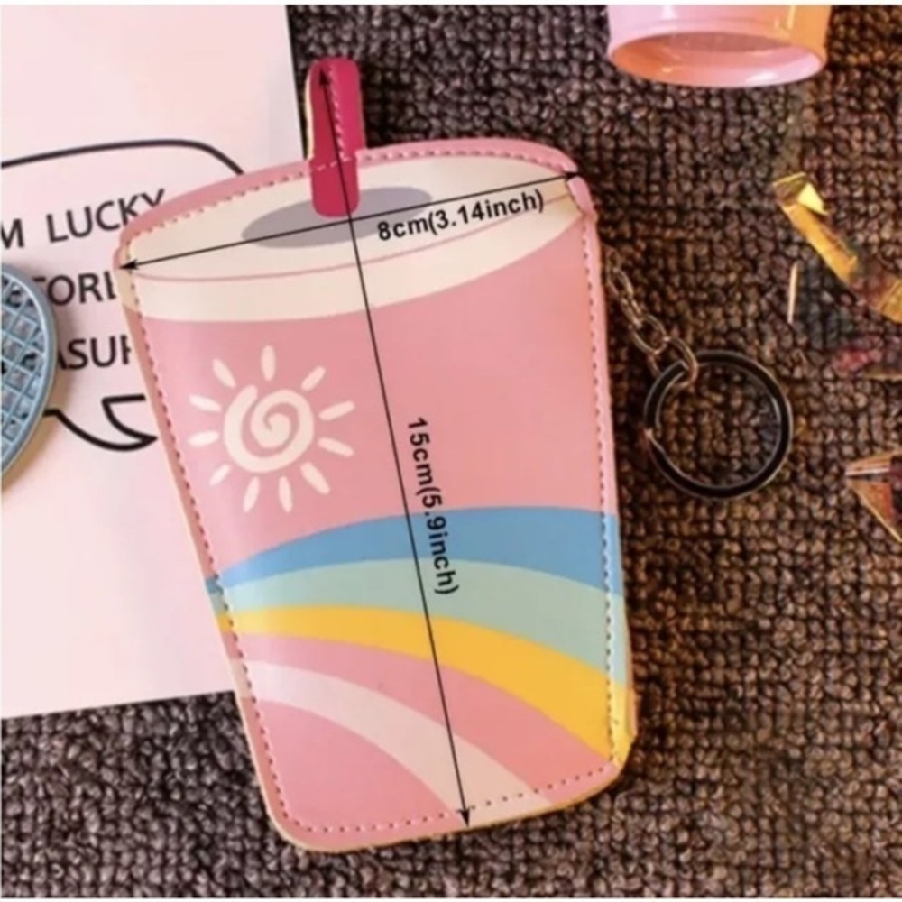 Kawaii Pink Rainbow Tumbler Coin Purse PU Leather Zip Pouch Wallet NWT